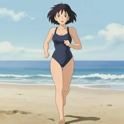 anime style, vivid, expressive, full body, 4 k, painting, woman in full one piece bathing suit running on the beach, stunning, realistic light and shadow effects, centered, simple background, studio ghibly makoto shinkai yuji yamaguchi