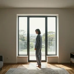 person in pyjamas standing near window, turned back to camera, cinematographic, sun rays, daylight, big french door window, windowsill, walls to the left and right, carpet at the floor, furnished room, window at the center, wooden floor, modern, photorealistic, high ceiling