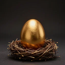 a golden egg standing in a nest, studio shot, cinematic lighting, award winning, photography, 8 k