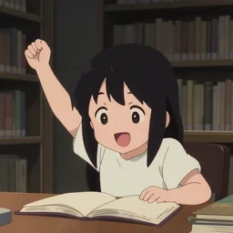 anime visual, low light portrait of a happy young girl in a library interior reading desk, cute face by ilya kuvshinov, yoh yoshinari, dynamic pose, dynamic perspective, cel shaded, flat shading mucha, rounded eyes, moody, kyoani, natsume yuujinchou, smooth facial features
