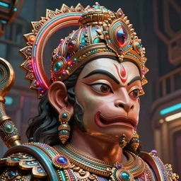high quality 3 d render post - rococo cyberpunk hanuman! head building, neon madhubani, open mouth, highly detailed, in sci - fi mumbai, cinematic smooth unreal engine, lee madgwick & liam wong, dramatic light, low angle, uhd 8 k, sharp focus