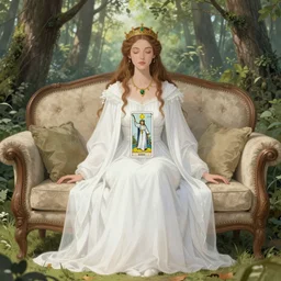 an empress sitting by herself on a sofa in a forest wearing a white robe drawn by cloverworks studio, elegant, beauty, tarot card