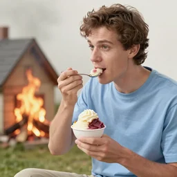 Professional photo of a guy eating delicious sherbet while a house is on fire in the background, warm lighting, outdoors, realistic photo, 100mm lens