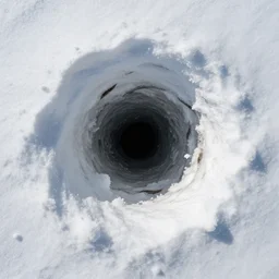 a top down view of a hole in the snow with a wormhole that leads into another dimension, highly detailed, National Geographic Photo