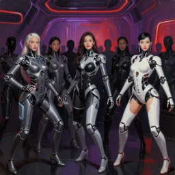ultra realist soft painting render of the inside of a futuristic nightclub, beautiful cyberwear armored cyborg dancers, crowded silhouettes, symmetry accurate features, very intricate details, black white red purple color palette, masterpiece award winning, cinematic lighting, focus, tom bagshaw artstyle