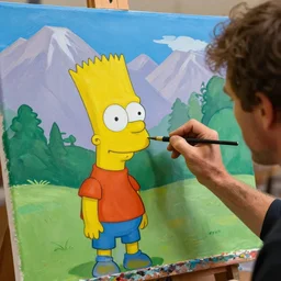 a closeup photorealistic photograph of bob ross working on a canvas painting of bart simpson. film still. brightly lit scene. mountains and trees. this 4 k hd image is trending on artstation, featured on behance, well - rendered, extra crisp, features intricate detail, epic composition and the style of unreal engine.