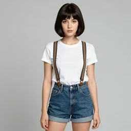 a woman with bob haircut in shorts with suspenders and white t-shirt drawn by frank frazetta, norman rockwell, hajime sorayama, peter paul rubens, alphonse mucha, gustav klimt 4k, unreal 5, DAZ, french noveau, trending on artstation, octane render, hyperrealistic