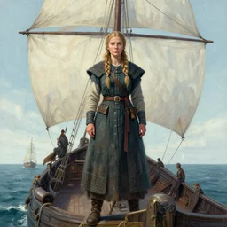 portrait of a viking woman drawn by artgerm, wide shot, standing on a ship at sea by alena aenami, digital artwork by karol bak and rhads, jason chan