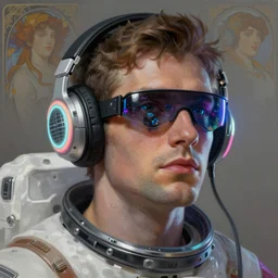 future coder astronaut man looking on, sleek cyclops display over eyes and sleek bright headphoneset, neon accent lights, holographic colors, desaturated headshot portrait digital painting by dean cornwall, rhads, john berkey, tom whalen, alex grey, alphonse mucha, donoto giancola, cyberpunk electric