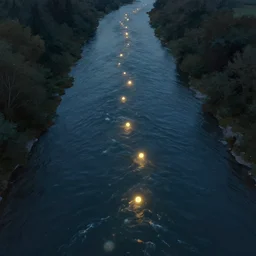 aerial view of a river with glowing orbs floating down it, detailed, concept art, smooth, sharp focus, illustration, trending on artstation, deviantart, by greg rutkowski