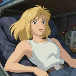 Character portrait of a tank top-clad blonde female airship mechanic resting in her cramped bunk, steampunk, beautiful face, striking eyes, highly detailed, animation cel, vibrant shading, by Hayao Miyazaki, Artgerm