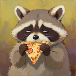a jeremiah ketner and studio ghibli acrylic impasto! painting! of a crying, sad and adorable and cute raccoon eating pizza