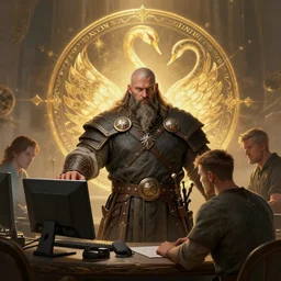 a heavy set viking warrior teaches computer science, fantasy, illustration, artstation, cinematic lighting, hyperdetailed, cgsociety, 8k Resolution, high resolution, Charlie Bowater, Tom Bagshaw, Tom Richmond, insanely detailed and intricate, beautiful, elegant, golden ratio, royal swan insignia in background