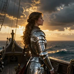 portrait of a medieval woman ship pilot from behind on a ship, ship on the sea, dramatic golden neon sunset with deadly storm clouds, wearing shiny breastplate, octane render, dynamic lighting, hyperrealistic, artstation