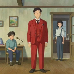 artwork by Michael Whelan, Bob Larkin and Tomer Hanuka, of a solo individual portrait of man wearing a 1920s red striped outfit, dapper, from scene from Twin Peaks, simple illustration, domestic, nostalgic, from scene from Twin Peaks, clean,  full of details, by Makoto Shinkai and thomas kinkade, Matte painting, trending on artstation and unreal engine