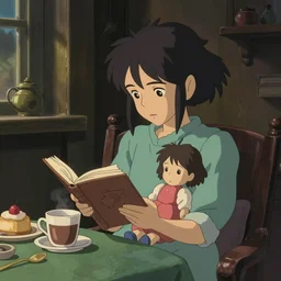 beautiful scene render of a girl is reading a book, holding a cloth doll, dimly lit bedroom, hot cocoa drink, dessert, perfectly shaded, atmospheric lighting, style of makoto shinkai and peter mohrbacher, studio ghibli. artgerm, karol bak, beeple, animation style, 8 k hd, ultra wide angle, hyper detailed