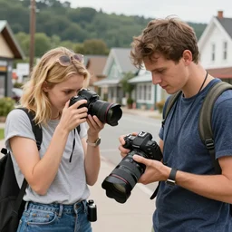 young male photographer and young blonde female photographer comparing photos of small town real life, 8 k, 4 k uhd, realistic, hyper realistic, super detailed, very detailed, detailed