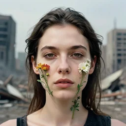 closeup portrait of a woman with flowers growing out of her face, standing in a desolate apocalyptic city, by Annie Leibovitz and Steve McCurry, natural light, detailed face, CANON Eos C300, ƒ1.8, 35mm, 8K, medium-format print