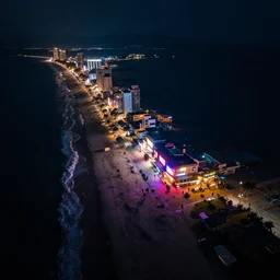 ocean beach at night, drone footage, vaporwave style, nightglow, neon signs 8 k shot on dslr