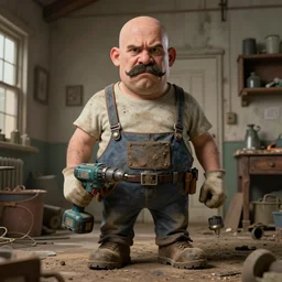 grumpy chunky bald handyman, mechanical powerdrill hands, bushy moustache, dusty old home, full body, hyperrealistic absurdist digital art masterpiece, highly detailed neo pop surrealism, jason limon kay sage hannah yata, dramatic lighting, low angle, uhd 8 k, sharp focus