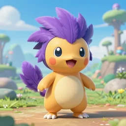 a cute beautiful plant type pokemon with happy cute smile, purple feathers grow out of his hair, full body portrait, highly detailed digital art, 3 d perspective, award - winning illustration, aesthetic, smooth, pokemon style, made by greg rutkowski, with an alien landscape in the background