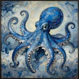 blue octopus in heaven. detailed. deep. masterpiece. mucha
