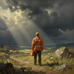 adam jensen working for door dash, surrealistic painting