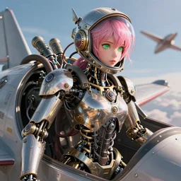 biomechanical fragile female steampunk skeletonized robot fighter pilot mechanical girl with intricate shiny parts and pink hair and green eyes while helmet is jacked into the jet cockpit with many pneumatic tubes and electric cables. background air combat. beautiful detailed photorealitic octane unreal depth of field