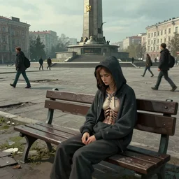 sadie sink in hoodie sits on bench in ruined square, pedestrians walk by, old soviet monument. storyboard in the style of gabriel hardman. scifi cyberpunk. cinematic atmosphere, detailed and intricate, perfect anatomy