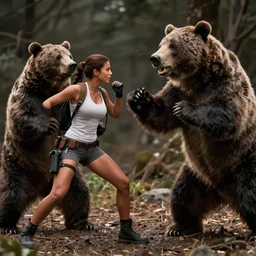 Gigachad Lara Croft fighting off a bear, stunning, action shot, low light