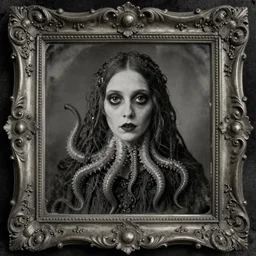baroque framed tintype of lovecraftian priestess. big dark eyes. tentacles. ornate. 1 9 0 0