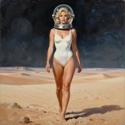 a mixed media painting of a beautiful blonde woman walking on a desert planet, elegant, aesthetic!!! symmetrical face and eyes, piercing gaze, eighties pinup style, photorealistic, curvy, model, 6 0's cartoon - glass - helmet and futuristic - white - swimsuit, epic sci - fi character art, full length, by frank frazetta, donato giancola, boris vallejo, beeple, greg rutkowski, christian macnevin, high fantasy, prometheus, cgsociety, exquisite detail, post - processing, masterpiece, cinematic