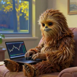 wookiee comfy at home trading crypto on a laptop. the charts are at all - time - highs, painting by edward hopper, 3 d rendering by beeple