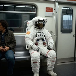 a beautiful photo of an astronaut waiting in a subway, 1970', soft light, morning light, photorealistic, realistic, octane, 8k, cinematic shot