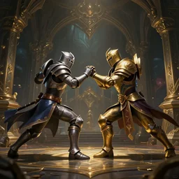 two knights league of legends style fight in big cave, movie action scene, 8 k, lumen reflections, sharpened, insanely detailed and intricate, elegant, ornate