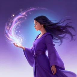 close side profile shot, maya ali, wind sorceresses, purple robes, gradient backlit background, gloomhaven, luminescent, colorful swirly magic ripples, gaudy colors, by greg manchess, huang guangjian, gil elvgren, sachin teng, greg rutkowski, jesper ejsing, ilya kuvshinov