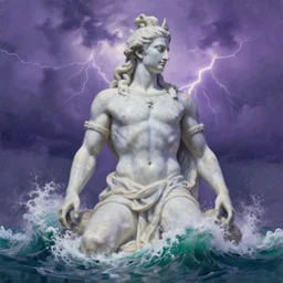 gigantic marble statue of the god of the sea. roiling waves at the base. scene lit by lightning. thunderclouds in the background. fantasy setting. purples and greens. fantasy aesthetic. 4 k. painting with curved brush strokes