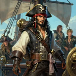 and astronaut pirate man with long black hair on a pirate ship, d & d, sea of thieves, fantasy digital painting, trending on artstation, concept art, sharp focus, illustration, global illumination, ray tracing, realistic shaded, art by artgerm and greg rutkowski and fuji choko and viktoria gavrilenko and hoang lap