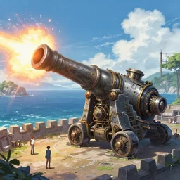 huge steampunk naval cannon firing rounds bigger than people from a coastal fortification, octane render by greg rutkowski, ferdinand knab, makoto shinkai. digital render