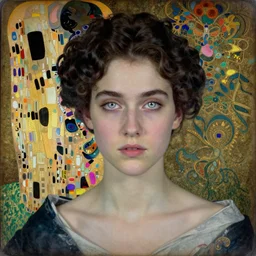 portrait of a beautiful young lady with silver eyes, colored daguerreotype by klimt, by schiele, by mucha, by Mackintosh