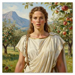 a closeup photorealistic photograph of kate beckinsale in roman toga paint canvas painting of fantasy apple orchard. film still. brightly lit scene. mountains and trees. this 4 k hd image is trending on artstation, featured on behance, well - rendered, extra crisp, features intricate detail, epic composition and the style of unreal engine.