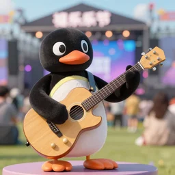 pingu playing guitar, music festival, photorealistic