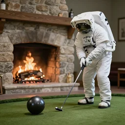 cosmonaut plays golf under the hearth, a nuclear bomb instead of a ball, realistic materials, attention to detail, elaborated depth of field, high-quality composition