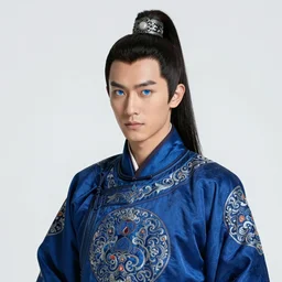 male martial artist with a mongolian pigtail hairstyle!!!! asian facial features and blue eyes!! intricate ornate blue robes!! character concept art, sharp focus, octane render! unreal engine 5! highly rendered!! trending on artstation!! detailed linework!! illustration by artgerm, wlop, and chie yoshii