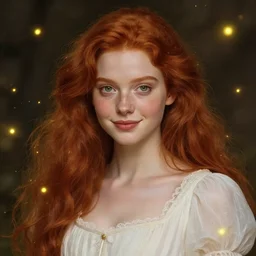 a highly detailed, hyper realistic, portrait with torso of a red haired young woman, among wonderful golden fireflies, long hair, green eyes, hint of freckles, round gentle face, cheeky smile, white romantic dress with intricate details, deep focus, elegant, digital painting, smooth, sharp, golden ratio, illustration, art by artgerm and caravaggio