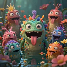 intricate colourful murky nature with strange cute friendly happy crazy creatures with beauty cute eyes long tongue teeth and funny face appearing from the flowers in water, in the style of craola, shallow depth of field, highly detailed, digital painting, trending artstation, concept art, illustration, cinematic lighting, vibrant colors, photorealism, epic, octane render