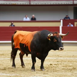 bull wearing orange inmate clothes in a bullring stadium in pamplona