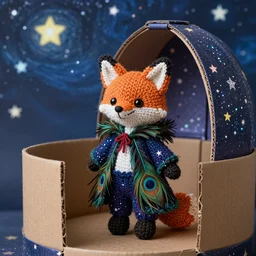 a finely hand knitted bipedal starry night fox doll, wearing peacock feather mage robes, inside a handcrafters cardboard observatory to look at the hand painted night sky full of glittery star stickers and glow in the dark star stickers, adorable, charming, macro camera lens, well lit, cinematic, real life