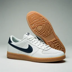 a studio photoshoot of Nike casual sneakers designed by Tom Sachs, leather with knitted mesh material, gum rubber outsole, realistic, color film photography by Tlyer Mitchell, 35 mm, graflex