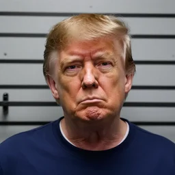 Donald Trump looking disappointed on a prison mugshot
